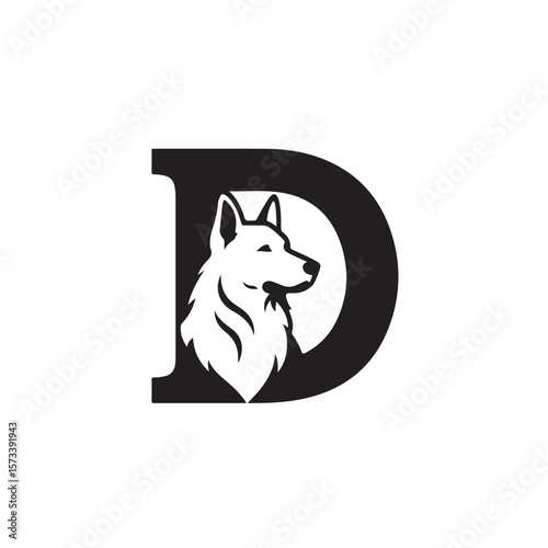 Monochromatic letter D showcases a regal wolf head inside its design, transparent background