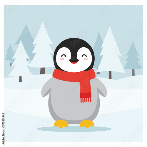 Cute Cartoon Penguin Wearing Red Scarf Standing on Snow in Winter Flat Vector Illustration