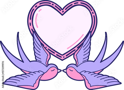 tattoo in traditional style of swallows and a heart in bright neon color