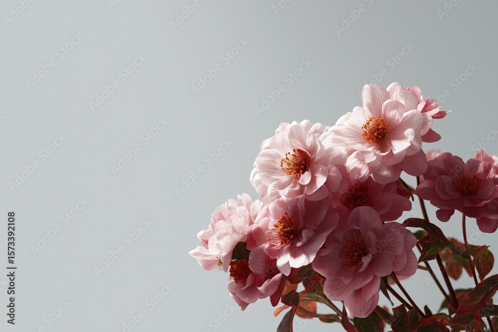 Fototapeta premium Beautiful pink flowers against minimalist gray background with delicate petals