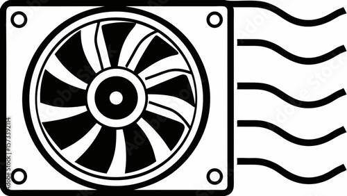 Black and white icon of a computer fan with airflow lines