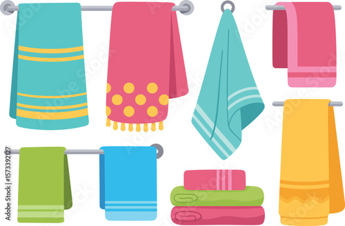 Illustration of assorted colorful towels hanging and stacked on a white background surface


