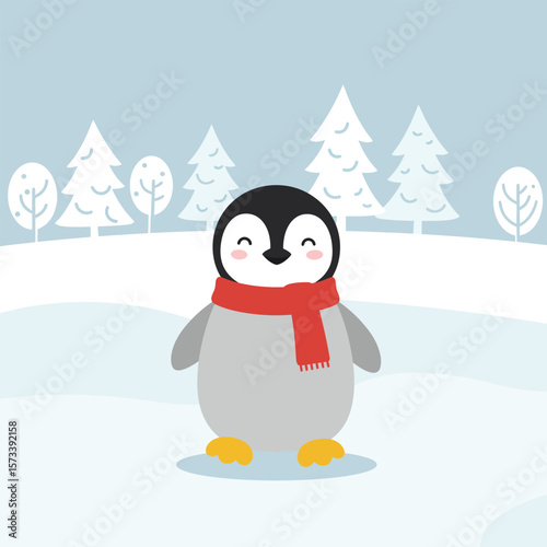 Cute Cartoon Penguin Wearing Red Scarf Standing on Snow in Winter Flat Vector Illustration