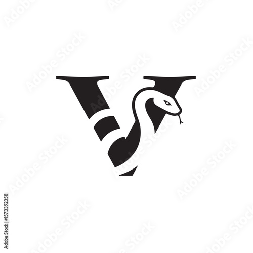 White snake elegantly curves through black letter V in a minimalist silhouette