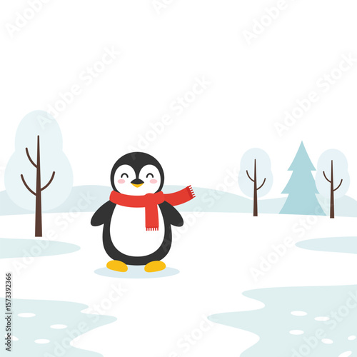 Cute Cartoon Penguin Wearing Red Scarf Standing on Snow in Winter Flat Vector Illustration