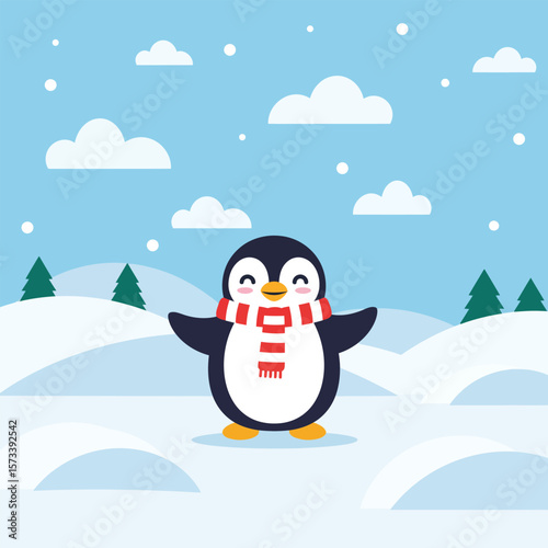 Cute Cartoon Penguin Wearing Red Scarf Standing on Snow in Winter Flat Vector Illustration
