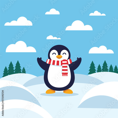 Cute Cartoon Penguin Wearing Red Scarf Standing on Snow in Winter Flat Vector Illustration