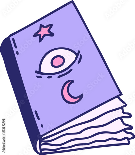 cartoon of a spooky spellbook with eyeball in bright neon color