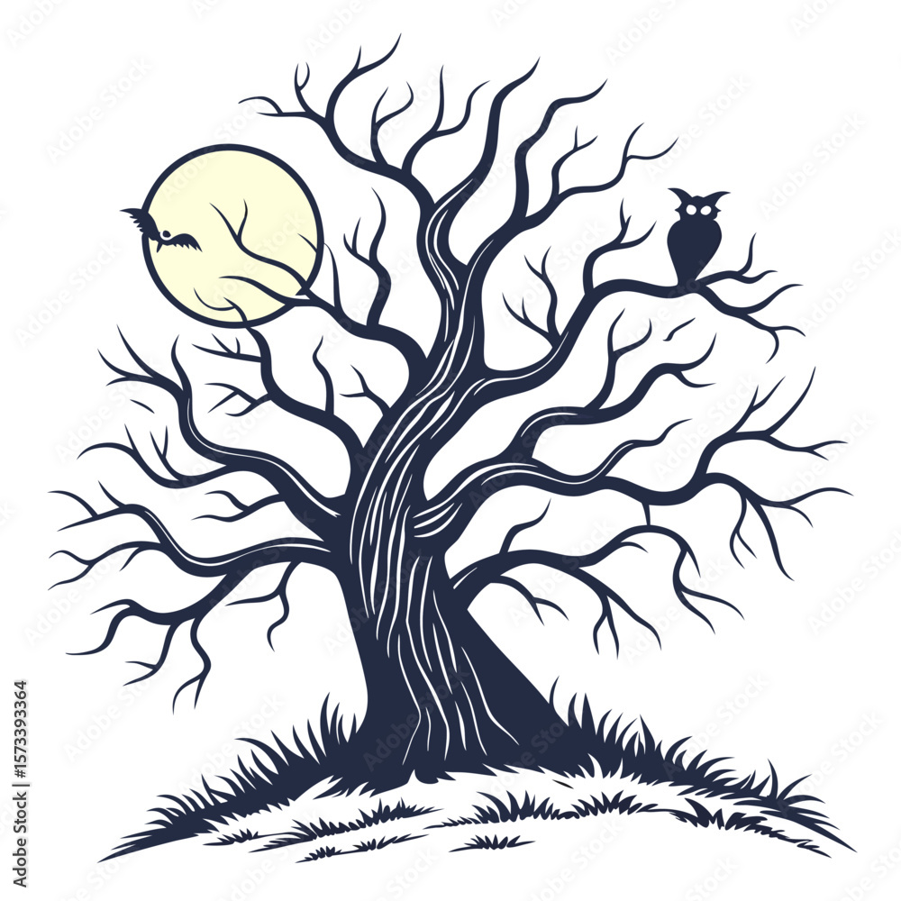 custom made wallpaper toronto digitalSilhouette of a spooky tree with bare branches, an owl perched on a branch, and a bat flying near the moon