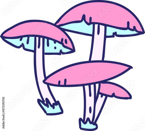 cartoon mushrooms growing wild and free in bright neon color