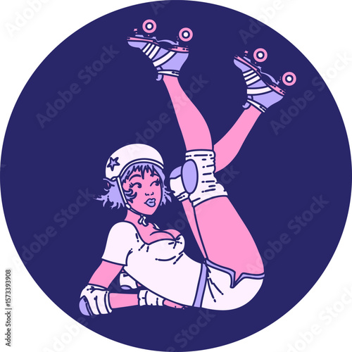 tattoo in traditional style of a pinup roller derby girl in bright neon color