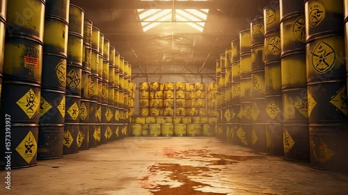 Rows of yellow biohazard barrels in a warehouse with light rays and spilled liquid