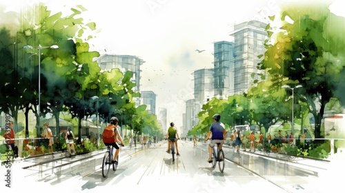 Cycling through a lively urban park city center digital art green environment wide angle eco-friendly concept