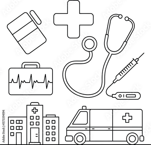 Collection of medical icons including a hospital building ambulance stethoscope syringe and pills