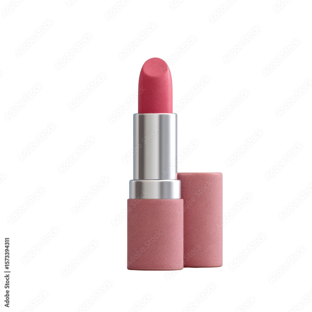 Fototapeta premium Elegant pink lipstick with cap off, isolated on white background, perfect for beauty content.