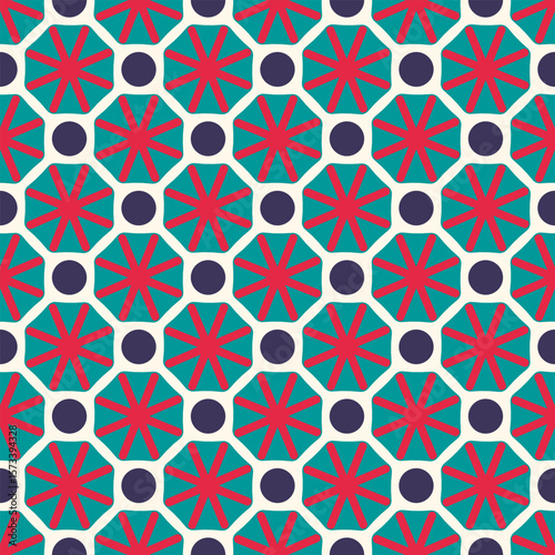 Abstract pattern seamless wallpaper vector design colorful geometric texture. Green, red colors shapes modern art decoration. Retro fabric sample with organic elements. Vintage style textile swatch.