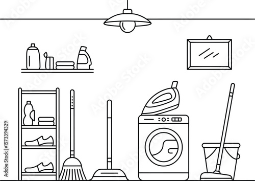 Line art illustration of household cleaning supplies and appliances arranged neatly