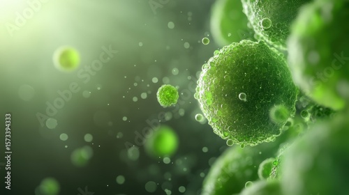 Microscopic green cells under a bright light laboratory setting scientific image abstract environment close-up view