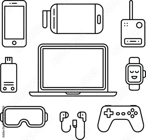 Collection of modern electronic gadgets and devices in a clean line art style