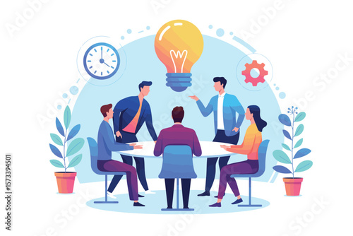 Illustration of a business meeting with people sitting around a table under a lightbulb idea


