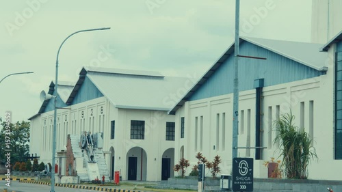 Modern Architectural Building with Blue Roof