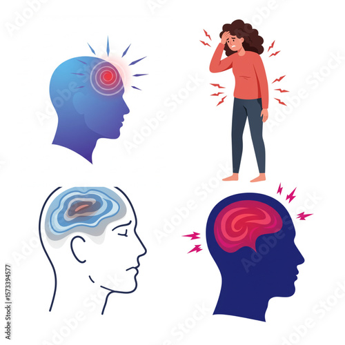 Creative depiction showing headache and migraine conditions, useful for health, medical or pharmaceutical related visual design.