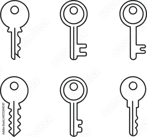 Six Simple Line Art Keys:  Modern, Minimalist, Security Icons.