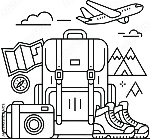 Travel essentials including backpack camera boots map compass and airplane in a line art style