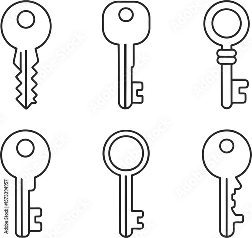 Six Simple Line Art Keys:  Modern Minimalist Security Icons Set.