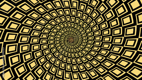 Hypnotic spiral pattern of yellow diamonds on black background