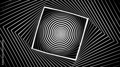 Abstract black and white optical illusion spiral and square pattern
