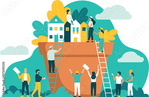 Illustration of people building houses atop a large flower pot with ladders and foliage around it


