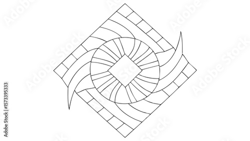 Abstract geometric mandala design with swirling elements and square center