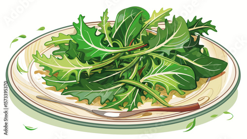   close up Frilly organic arugula leaves, peppery and light, are scattered on a plate in a delicate tangle, embodying modern gourmet style in vector scenes focused on fresh, vibrant greens. White 
