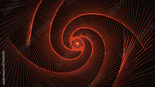 Abstract orange spiral vortex with glowing yellow center on black background