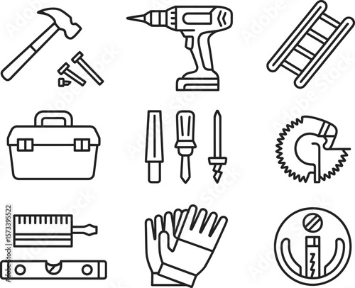 Collection of line art icons representing various construction and diy tools and safety equipment