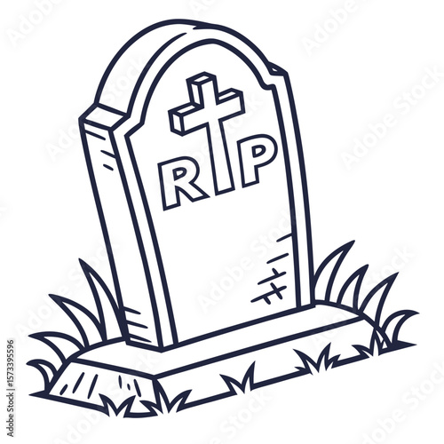 Illustration of a tombstone with a cross and rip inscription surrounded by grass in black and white style