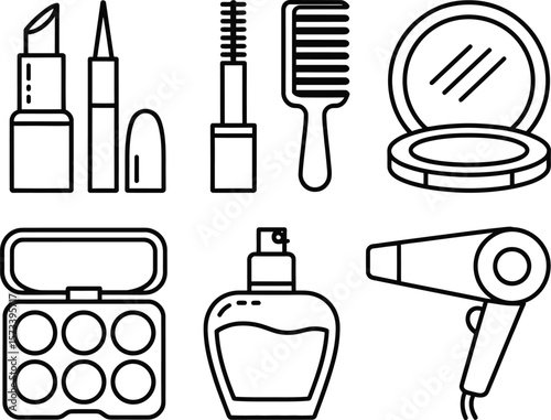 Collection of simple line art icons representing beauty and personal care products