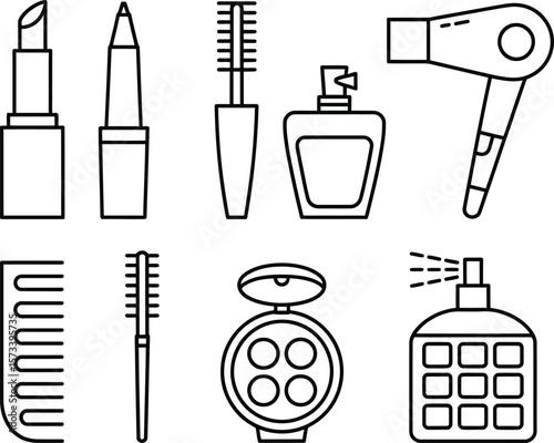 Collection of simple line art icons representing beauty and cosmetic products