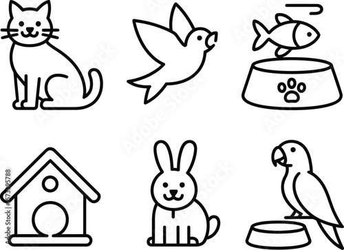 Collection of simple line art icons representing common pets and their needs