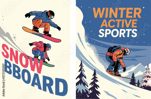 Snowboarding Vector Illustration – Abstract Winter Scene with Man Snowboarding in Mountains, Snow Icons and Landscape – Ideal for Extreme Sport Poster, Flyer or Background