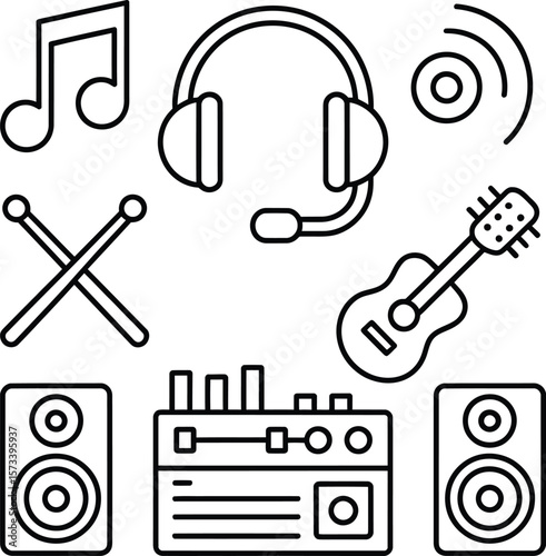 Collection of music icons including headphones guitar drumsticks speakers and audio equipment