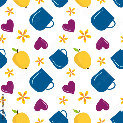 Seamless pattern with cups, apples, flowers and hearts on a white background. Vector illustration in bright colors in a flat style