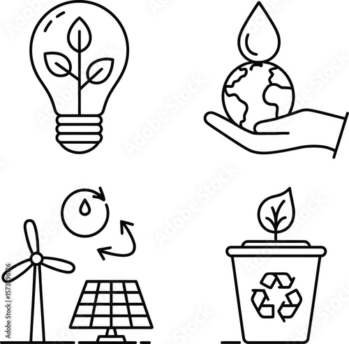 Set of four simple line icons representing environmental conservation and renewable energy concepts