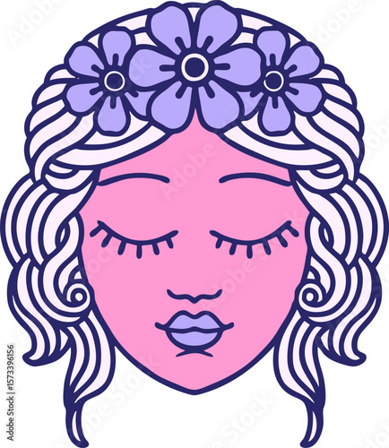 iconic tattoo style image of a maidens face in bright neon color