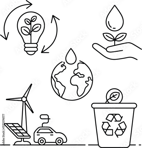 Collection of eco friendly symbols for sustainable living and renewable energy