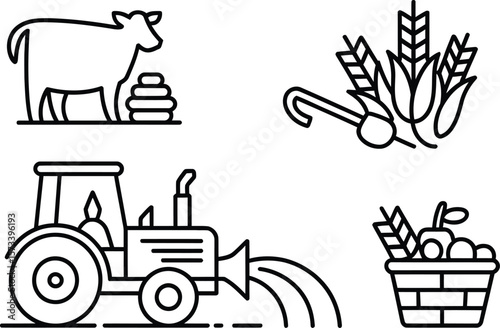 Farm life icons including cow tractor wheat harvest and basket of produce