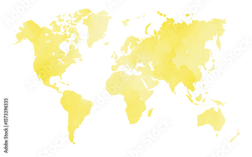 This artwork features a world map illustrated with a unique watercolor texture in bright yellow hues, ideal for creative projects and educational materials. The soft colors add a contemporary touch.