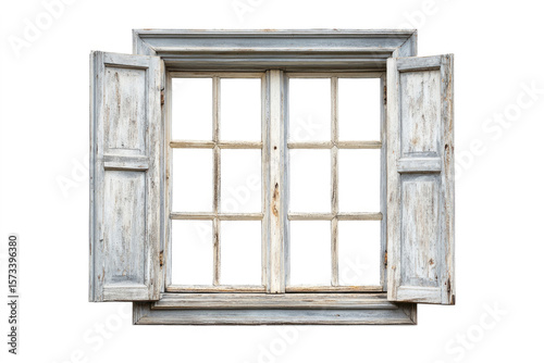 Rustic antique wooden window with open weathered shutters and a distressed white paint finish isolated on white background