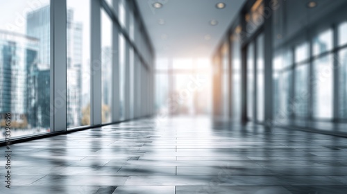 Wallpaper Mural Modern office hallway showcasing glass windows overlooking a blurred cityscape with reflective tile flooring bathed in sunlight. Torontodigital.ca